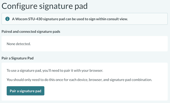 Signature pad setup – initial view