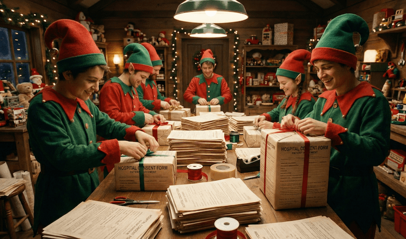 Elves wrapping with consent forms