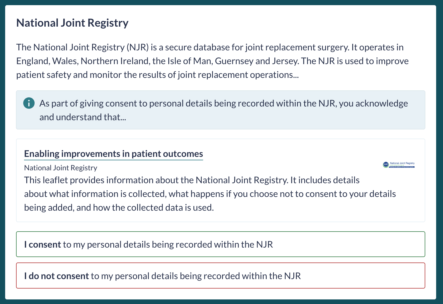 National joint registry consent in Concentric