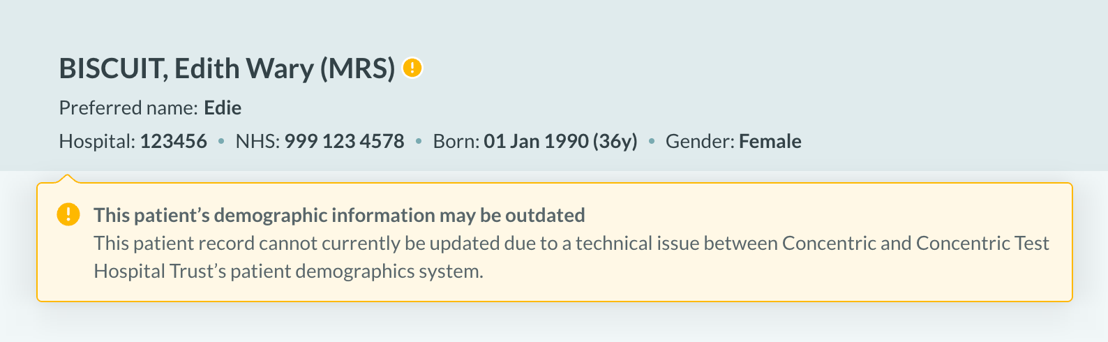 Integration warning next to the patient name