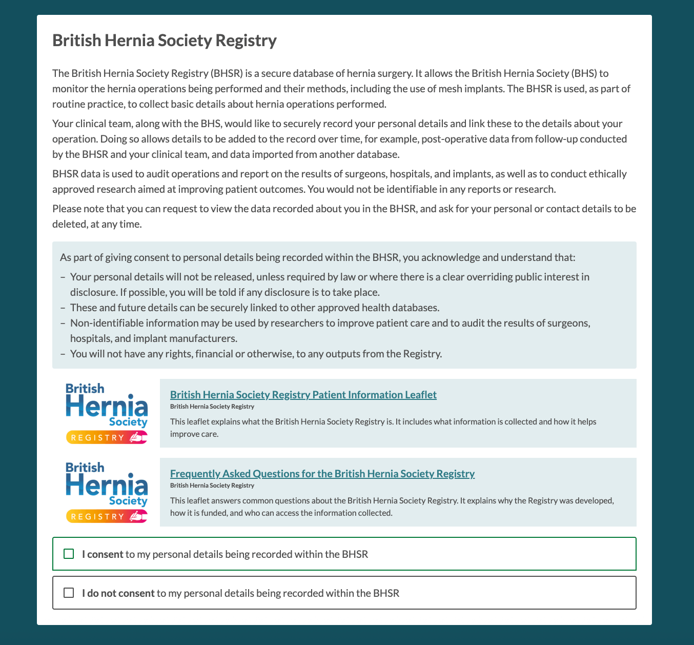 British Hernia Society Register additional consent
