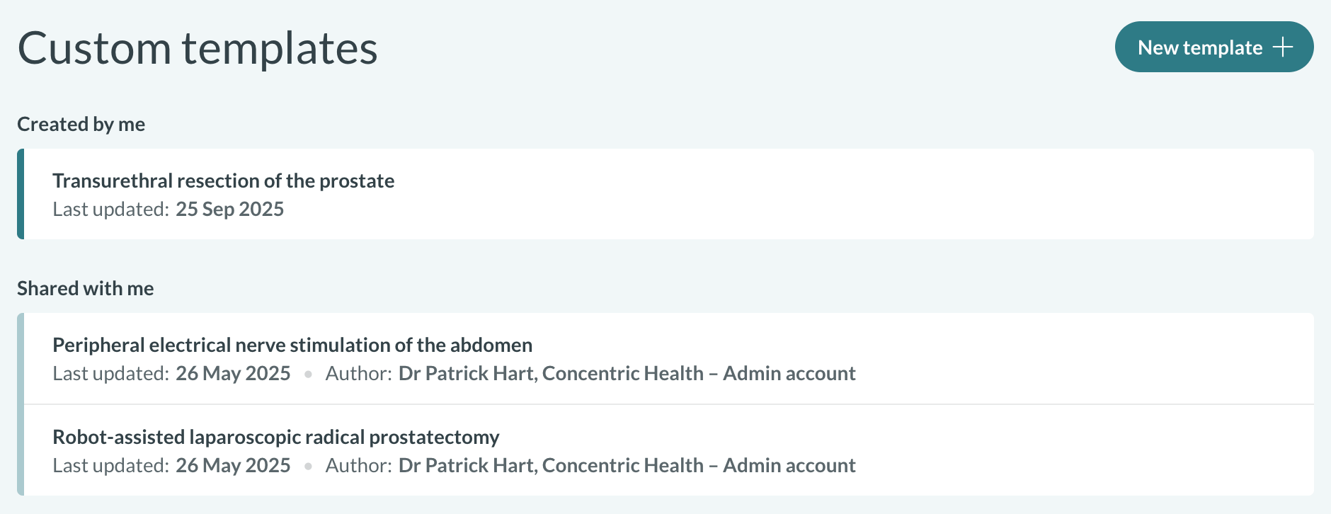 Custom templates page following enabling sharing