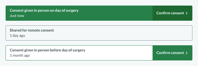 Relative time in status banners – consent given just now, shared for remote consent 1 day ago, and consent given 1 month ago