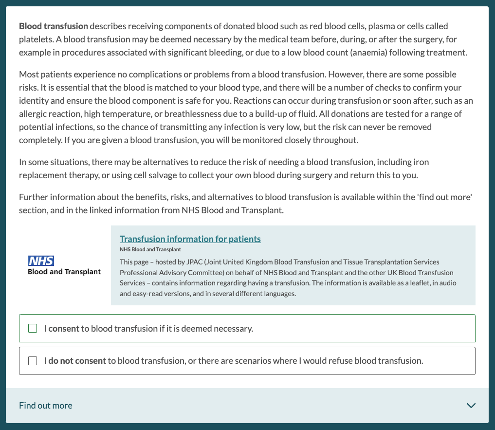 Updated blood transfusion additional consent