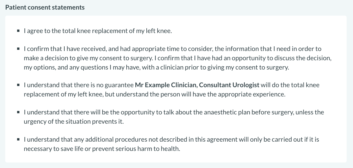 Patient consent statements in clinician view