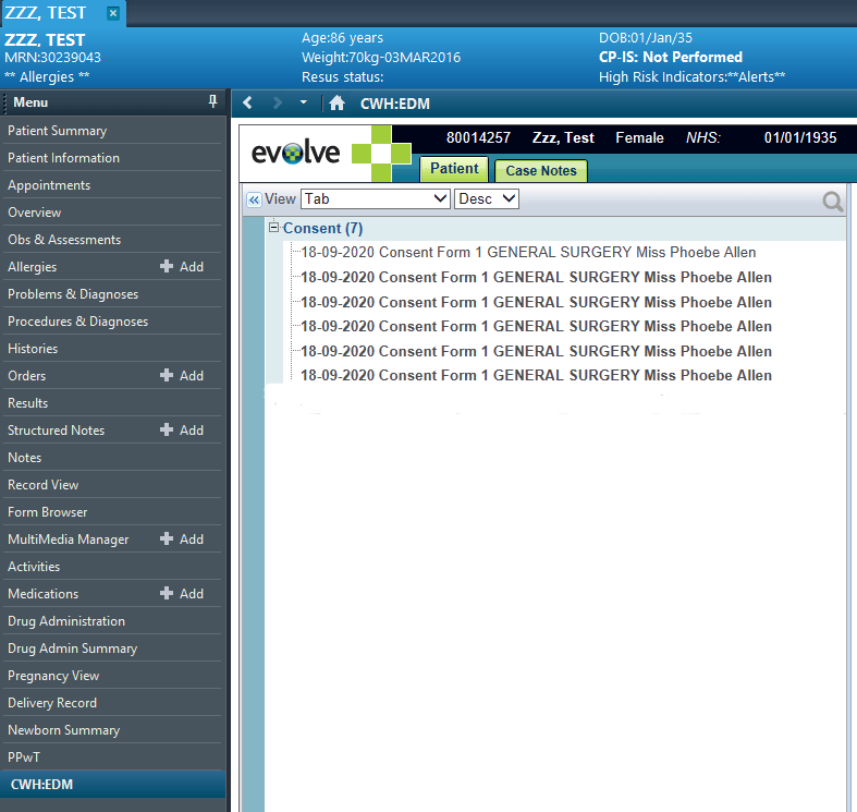 Consent form visible in Evolve tab in Cerner PowerChart